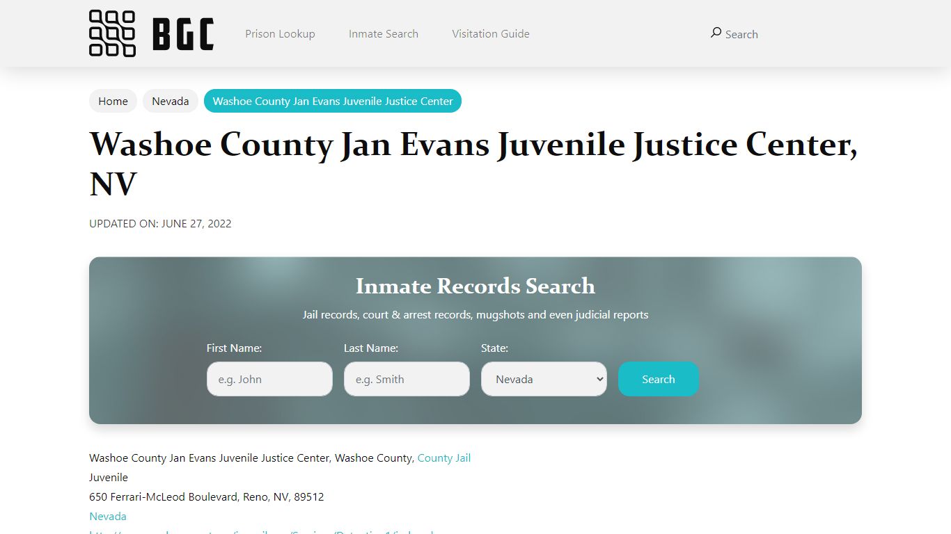 Washoe County Jan Evans Juvenile Justice Center, NV Inmate ...